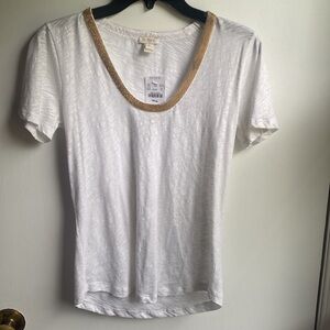 J.Crew NWT White Tee Shirt Gold Shimmer with Gold Beaded Collar size XS New!